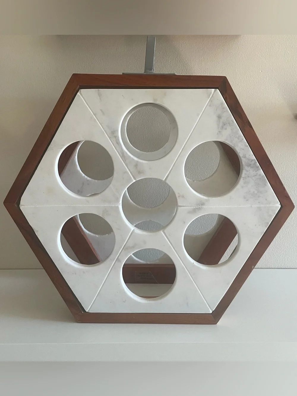 Hexagonal White Marble and Wooden Wine Rack